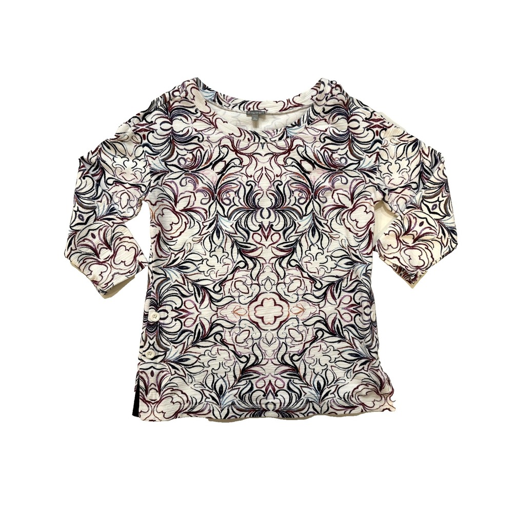 T by Talbots Blouse Womens Small Petite‎ Floral Thermal Waffle Knit 3/4 Sleeve
